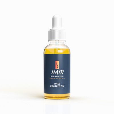 Bottle of Intense Hair Growth Oil, designed to combat thinning hair and promote facial hair growth. Enriched with essential nutrients and oils like castor and rosemary, it nourishes the scalp, boosts circulation, and encourages hair growth. Also adds shine and offers heat styling protection.