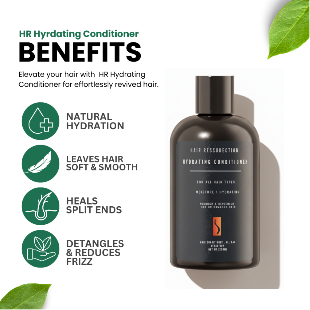 Hair resuscitation hydrating conditioner bottle with benefits listed on a white background