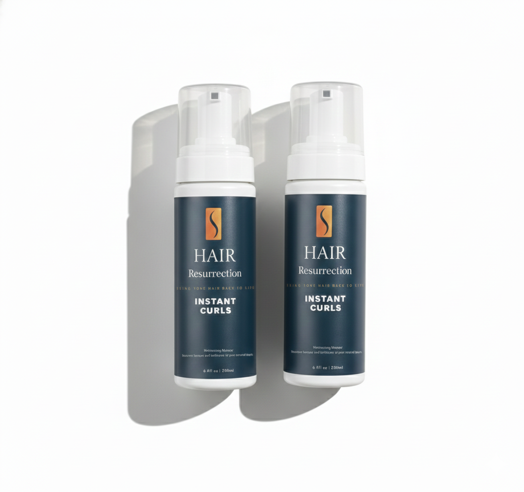 Two bottles of Hair Resurrection Instant Curls product on a white background